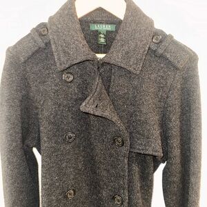 LAUREN by Ralph Lauren Grey 100% Lambswool trench coat size L GUC no belt